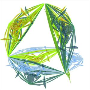 Four recursively subdivided triangles rotate around their edges and form a regular tetrahedron